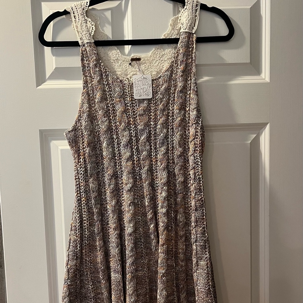 Free People Textured Knit Dress with Lace, in neutral hues.